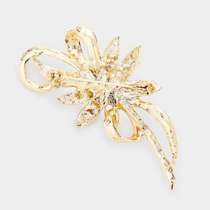 Pearl Accented Metal Bow Pin Brooch