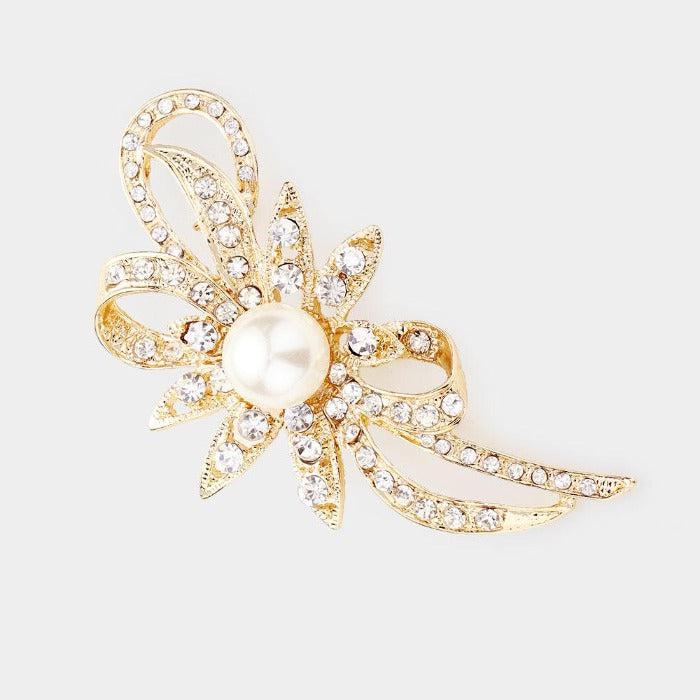 Pearl Accented Metal Bow Pin Brooch
