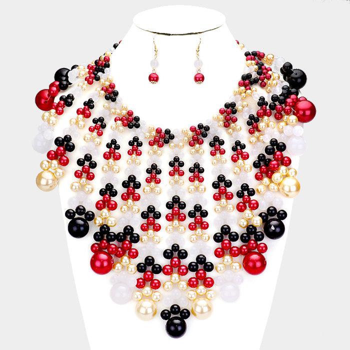 Pearl Bubble Red Black Cream Collar Statement Necklace Set