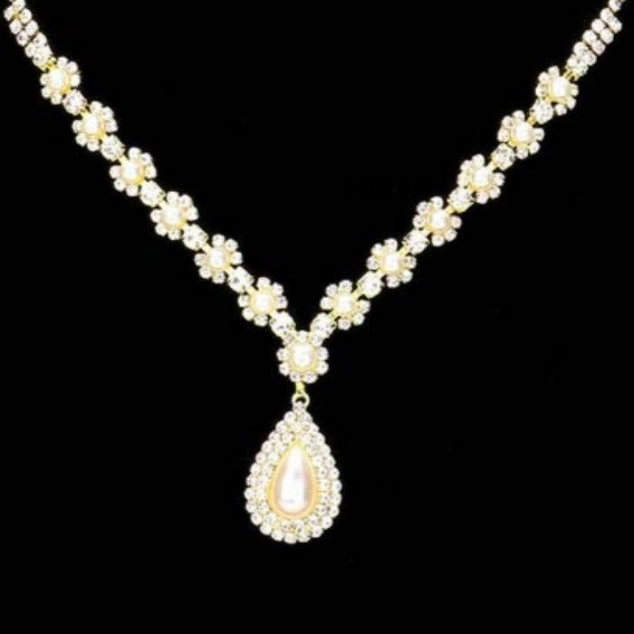 Pearl Centered Flower Rhinestone Necklace