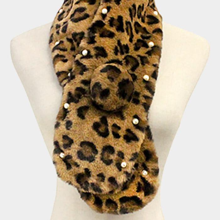 Pearl Embellished Leopard Faux Fur Pom Pom Pull Through Scarf