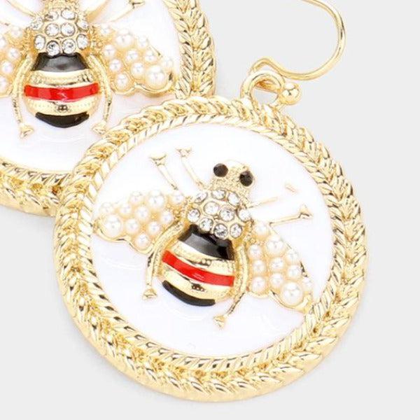 Pearl Enamel Honey Bee Accented Round Dangle Earrings-Earring-SPARKLE ARMAND