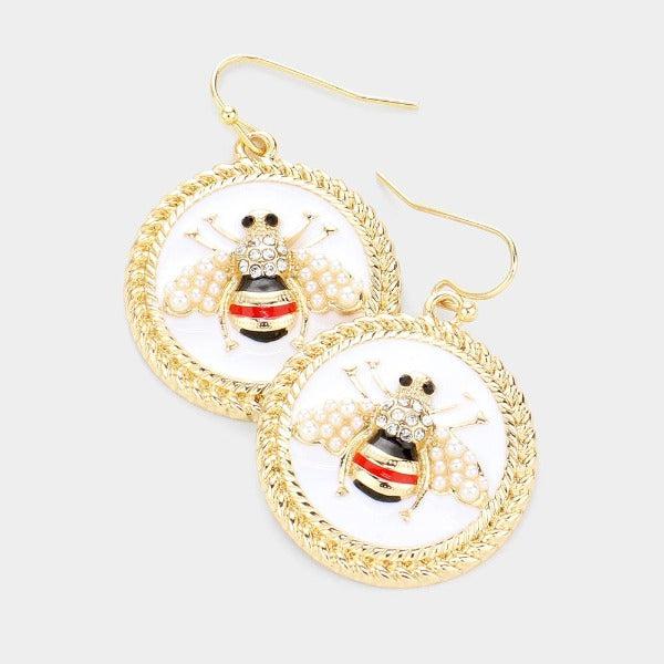 Pearl Enamel Honey Bee Accented Round Dangle Earrings-Earring-SPARKLE ARMAND