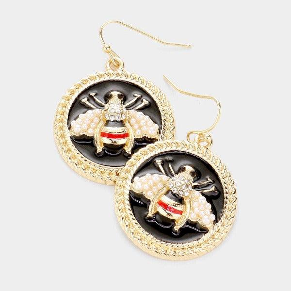 Pearl Enamel Honey Bee Accented Round Dangle Earrings-Earring-SPARKLE ARMAND