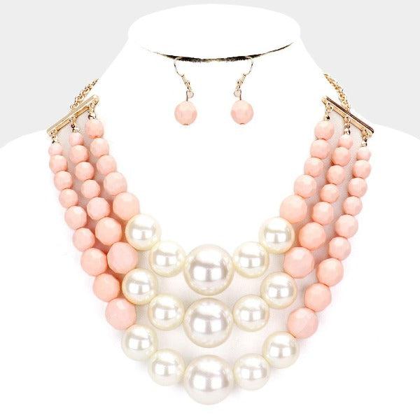 Pearl Faceted Pink Bead Triple Layered Necklace-Necklace-SPARKLE ARMAND