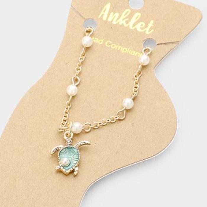 Pearl (Faux) Detailed Turtle Charm Anklet