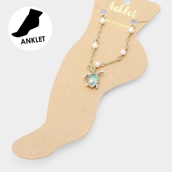 Pearl (Faux) Detailed Turtle Charm Anklet