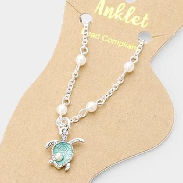 Pearl (Faux) Detailed Turtle Silver Charm Anklet