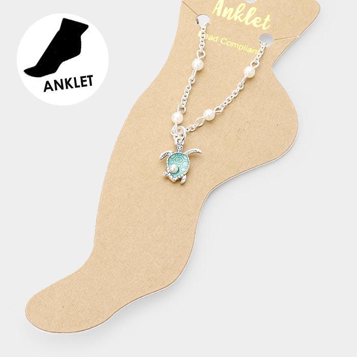 Pearl (Faux) Detailed Turtle Silver Charm Anklet