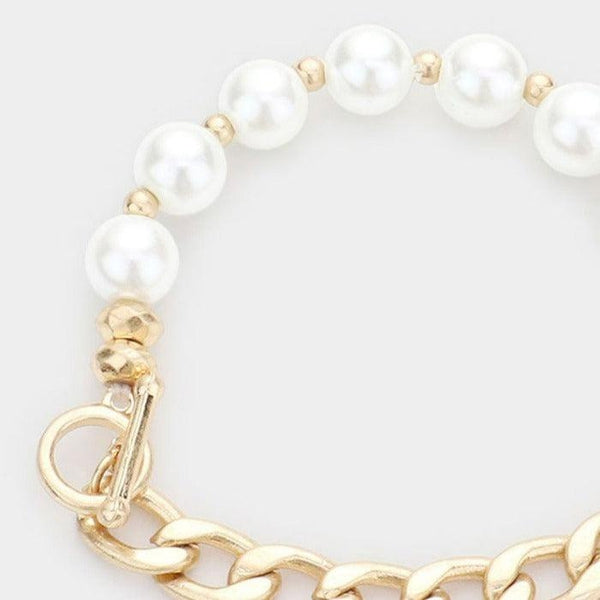 Pearl (Faux) Metal Chain Link Stretch Bracelet