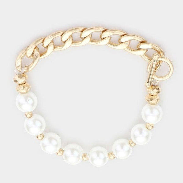 Pearl (Faux) Metal Chain Link Stretch Bracelet