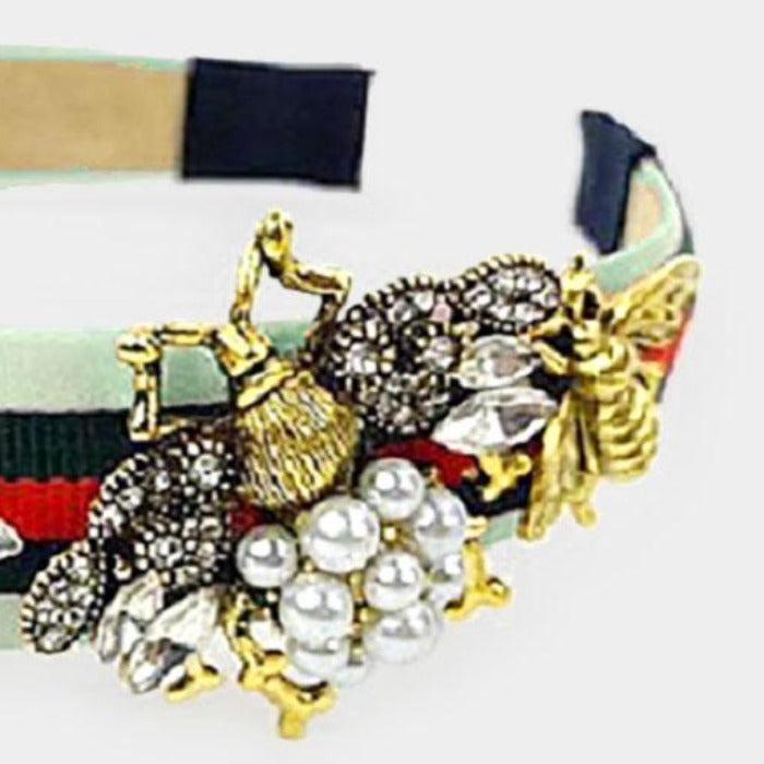 Pearl Honey Bee Flower Mint Color Block Headband-Hair Accessories-SPARKLE ARMAND
