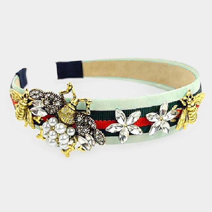 Pearl Honey Bee Flower Mint Color Block Headband-Hair Accessories-SPARKLE ARMAND
