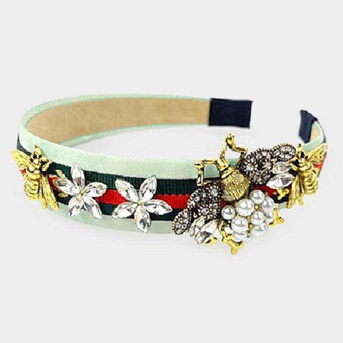 Pearl Honey Bee Flower Mint Color Block Headband-Hair Accessories-SPARKLE ARMAND