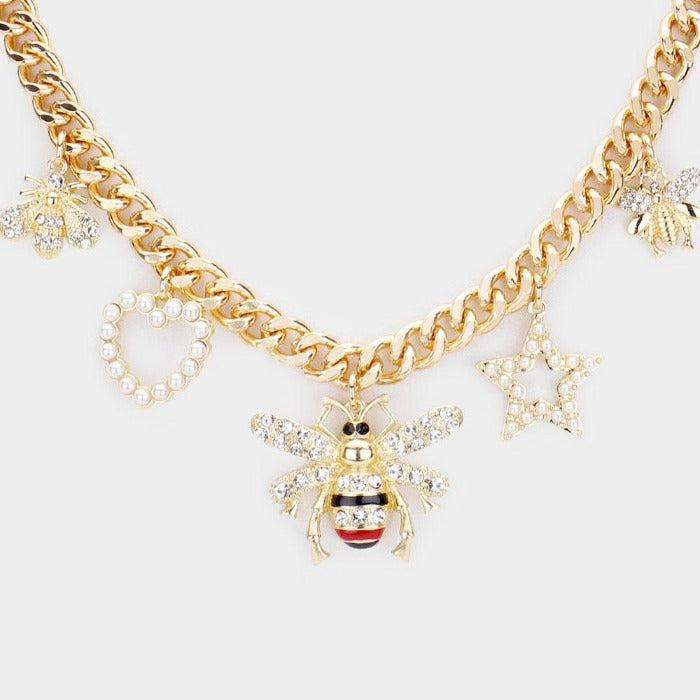 Pearl Honey Bee Heart Star Pendant Necklace Set
