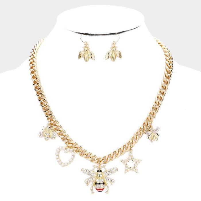 Pearl Honey Bee Heart Star Pendant Necklace Set