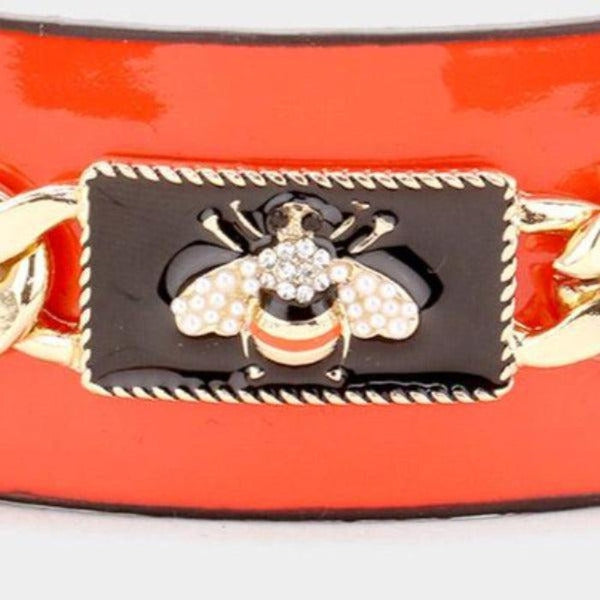 Pearl Honey Bee Orange Red Chain Cuff Bracelet