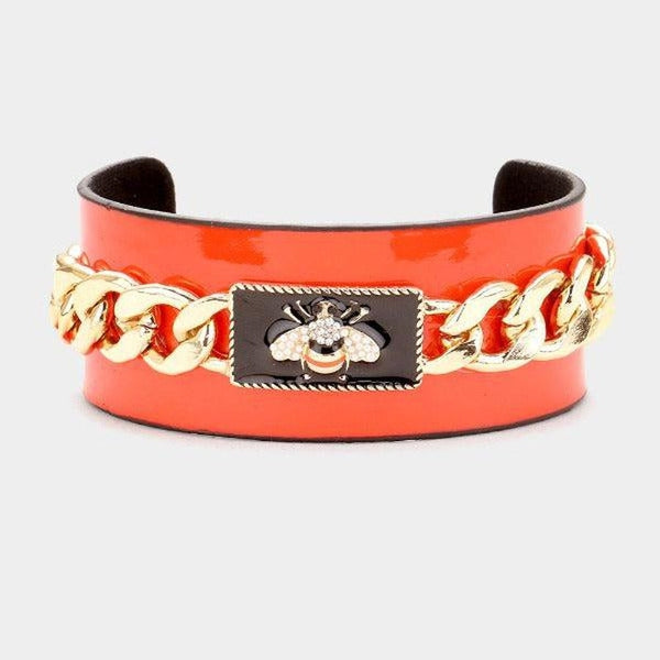 Pearl Honey Bee Orange Red Chain Cuff Bracelet