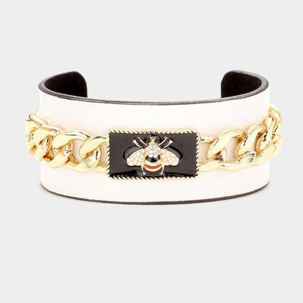 Pearl Honey Bee White Metal Chain Cuff Bracelet
