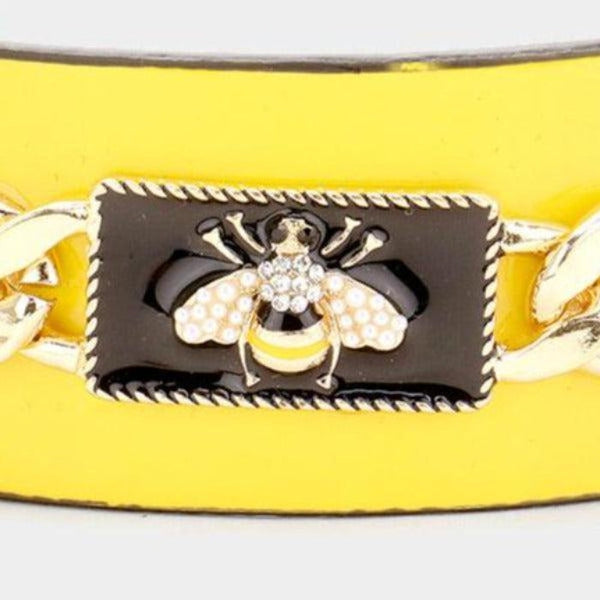 Pearl Honey Bee Yellow Metal Chain Cuff Bracelet