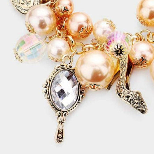 Pearl Metal Bow Bag Stiletto Heel Mirror Heart Charm Toggle Bracelet