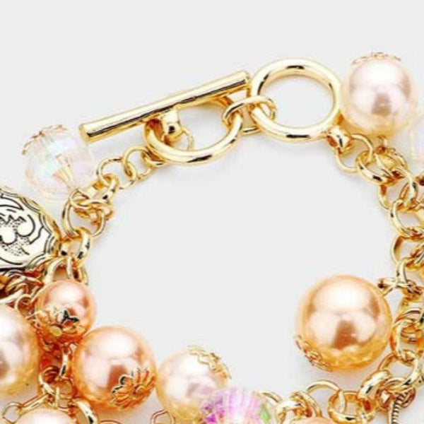 Pearl Metal Bow Bag Stiletto Heel Mirror Heart Charm Toggle Bracelet