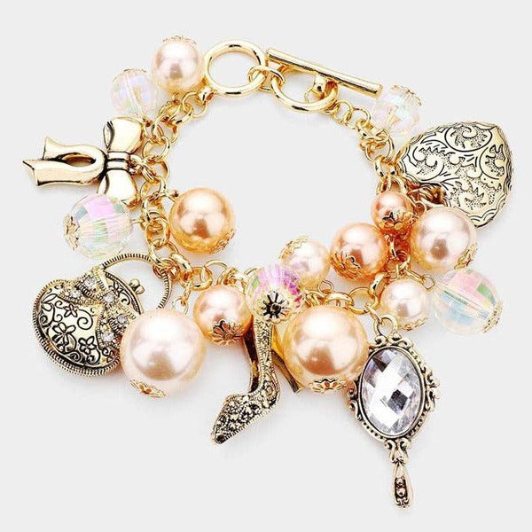 Pearl Metal Bow Bag Stiletto Heel Mirror Heart Charm Toggle Bracelet