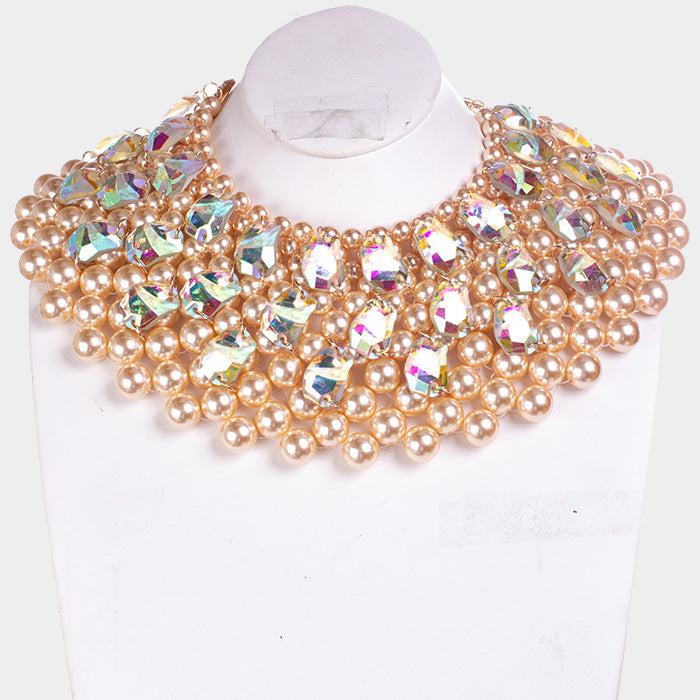 Pearl Multi Strand Crystal Statement Necklace Set