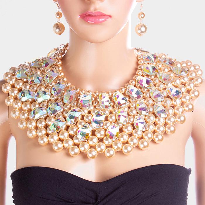 Pearl Multi Strand Crystal Statement Necklace Set
