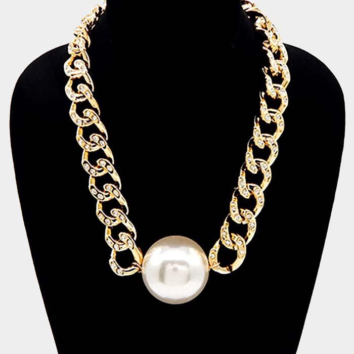 Pearl Pendant Rhinestone Embellished Chain Necklace