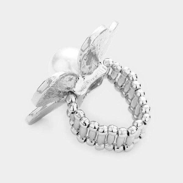Pearl Rhinestone Pave Flower Stretch Ring-Ring-SPARKLE ARMAND