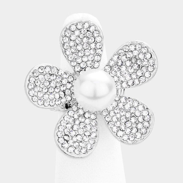 Pearl Rhinestone Pave Flower Stretch Ring-Ring-SPARKLE ARMAND