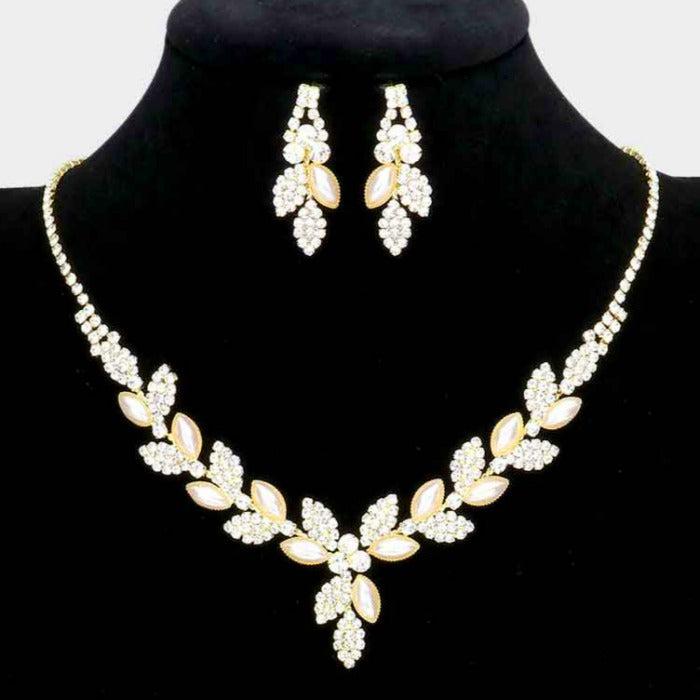 Pearl Sprout Cluster Rhinestone Gold Necklace Set