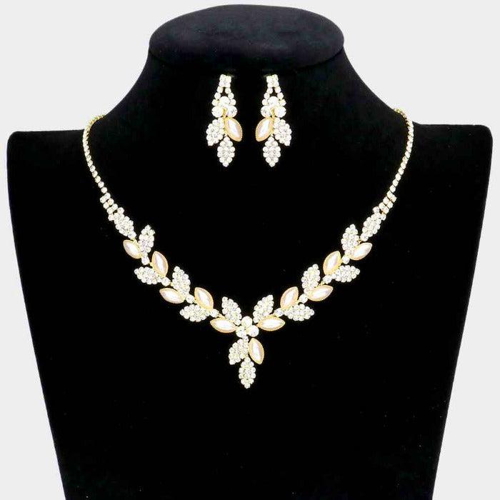Pearl Sprout Cluster Rhinestone Gold Necklace Set