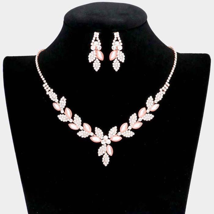 Pearl Sprout Cluster Rhinestone Rose Gold Necklace Set