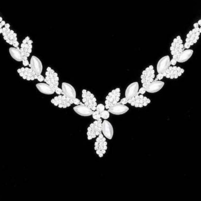 Pearl Sprout Cluster Rhinestone Silver Necklace Set