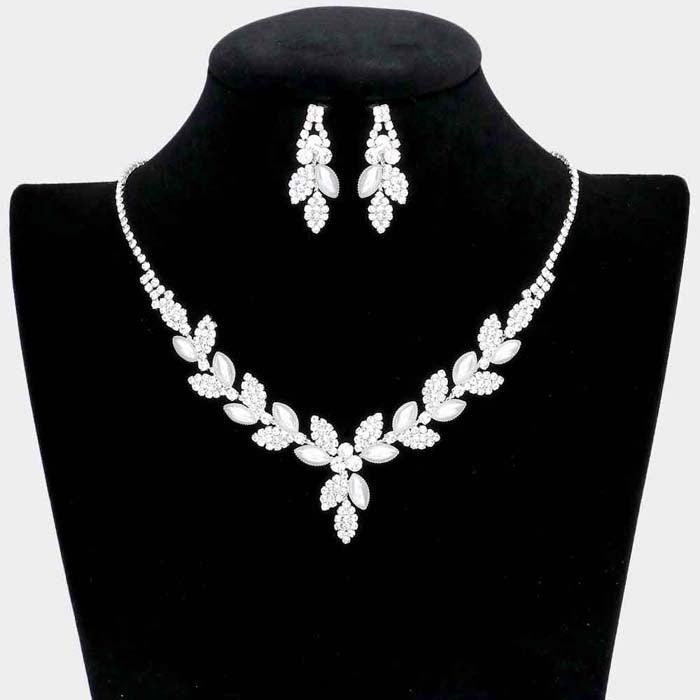 Pearl Sprout Cluster Rhinestone Silver Necklace Set