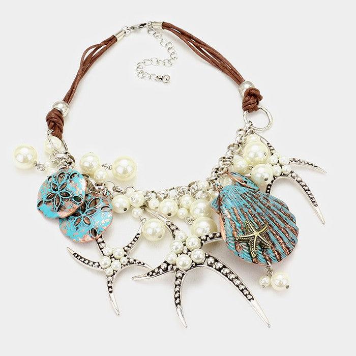 Pearl Starfish Shell Patina Verdigris Silver Necklace Set