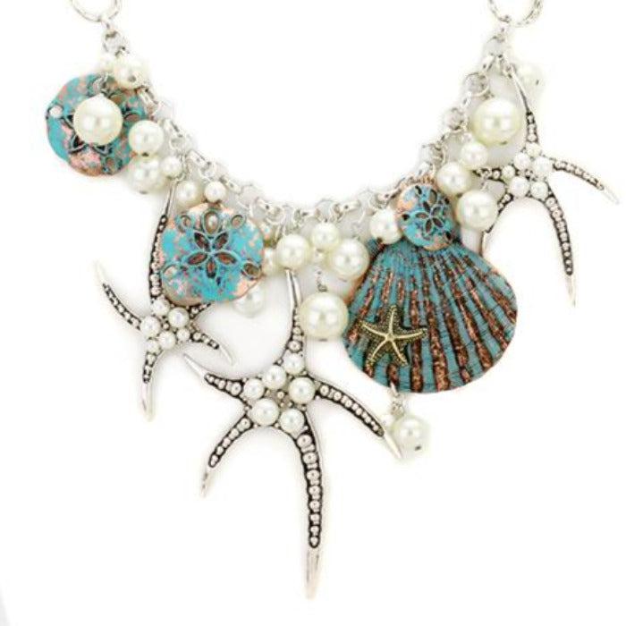 Pearl Starfish Shell Patina Verdigris Silver Necklace Set