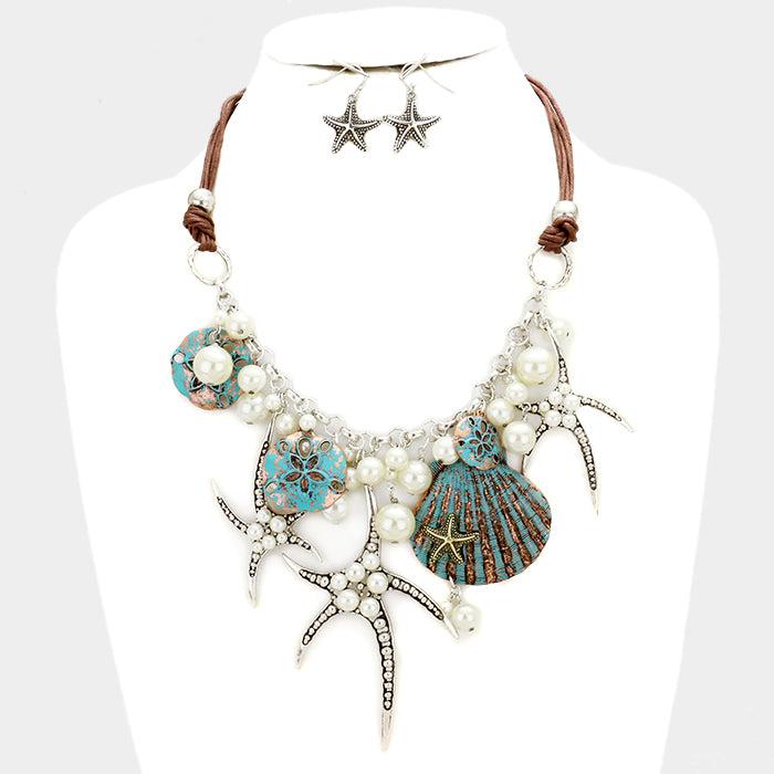 Pearl Starfish Shell Patina Verdigris Silver Necklace Set
