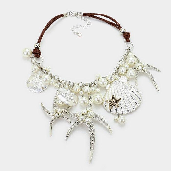 Pearl Starfish Shell Silver Multi-Charm Necklace Set