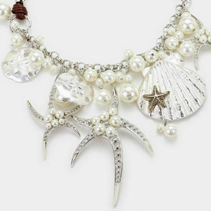 Pearl Starfish Shell Silver Multi-Charm Necklace Set