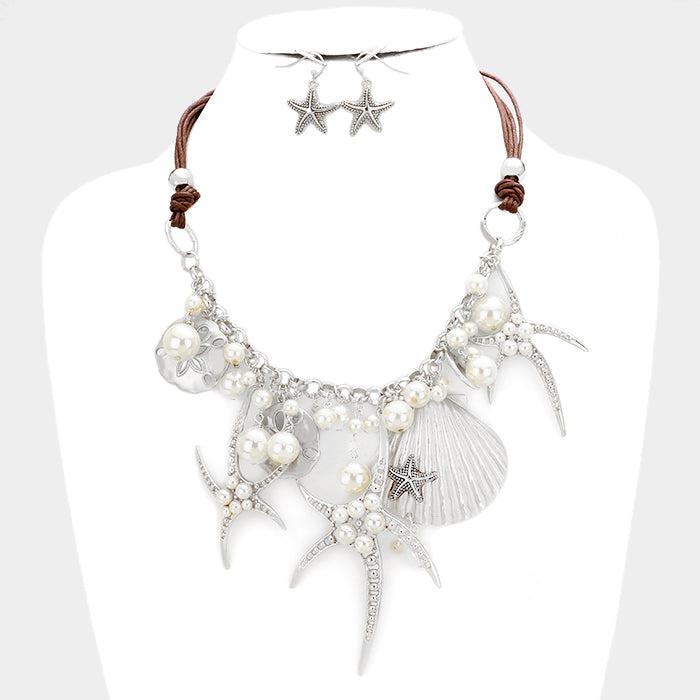 Pearl Starfish Shell Silver Multi-Charm Necklace Set