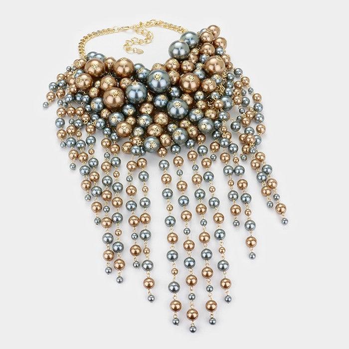 Pearl Strand Gray Brown Fringe Bib Necklace & Earrings by V Foxy Collection