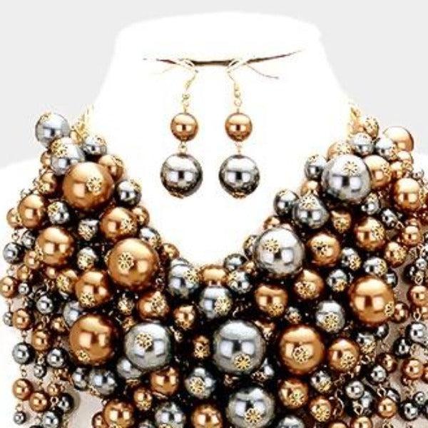 Pearl Strand Gray Brown Fringe Bib Necklace & Earrings by V Foxy Collection