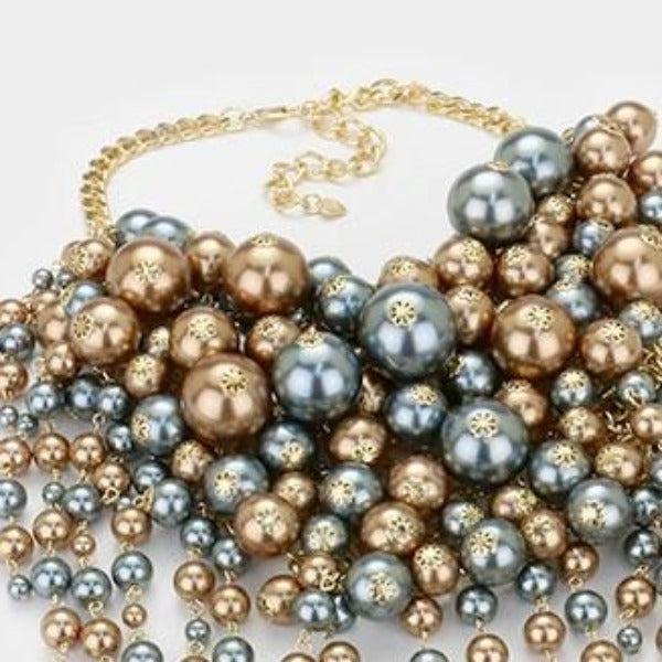 Pearl Strand Gray Brown Fringe Bib Necklace & Earrings by V Foxy Collection