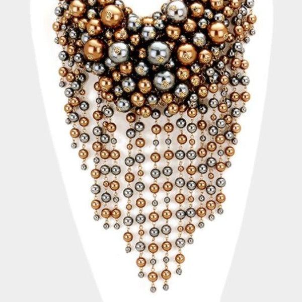 Pearl Strand Gray Brown Fringe Bib Necklace & Earrings by V Foxy Collection