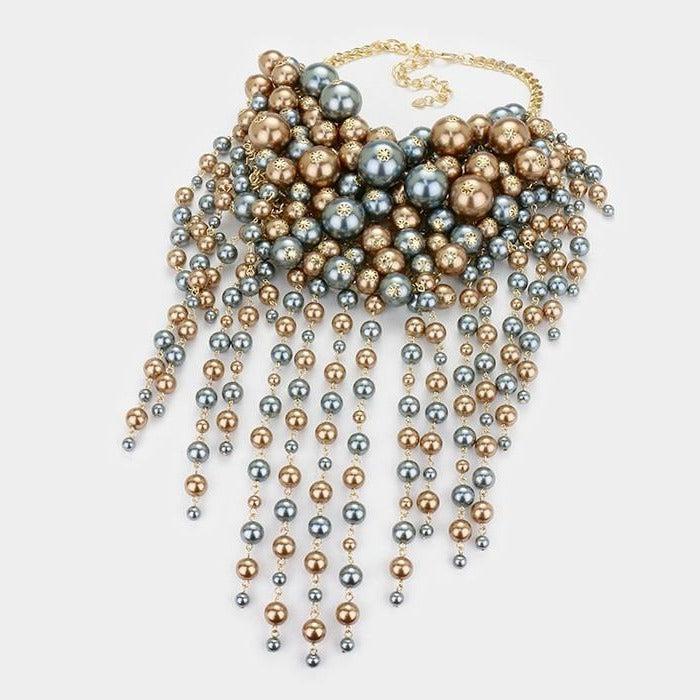 Pearl Strand Gray Brown Fringe Bib Necklace & Earrings by V Foxy Collection