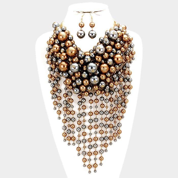 Pearl Strand Gray Brown Fringe Bib Necklace & Earrings by V Foxy Collection