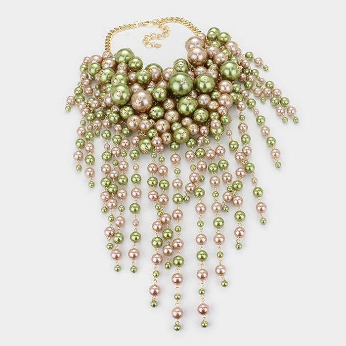 Pearl Strand Green Bronze Fringe Bib Necklace & Earrings by V Foxy Collection